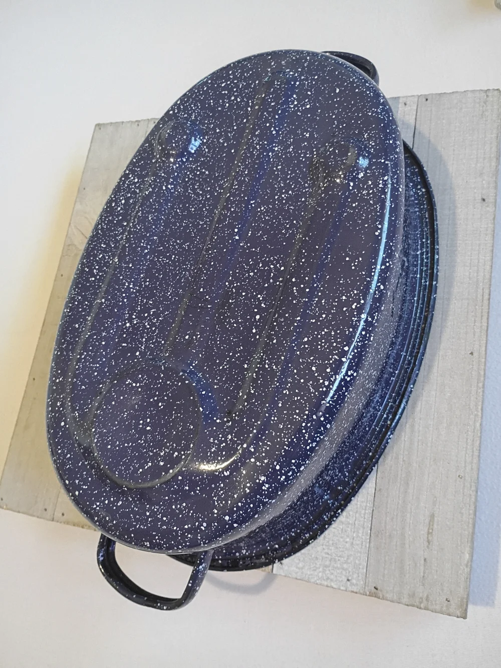 blue speckled enamelware metal oval roasting pan 10 inches